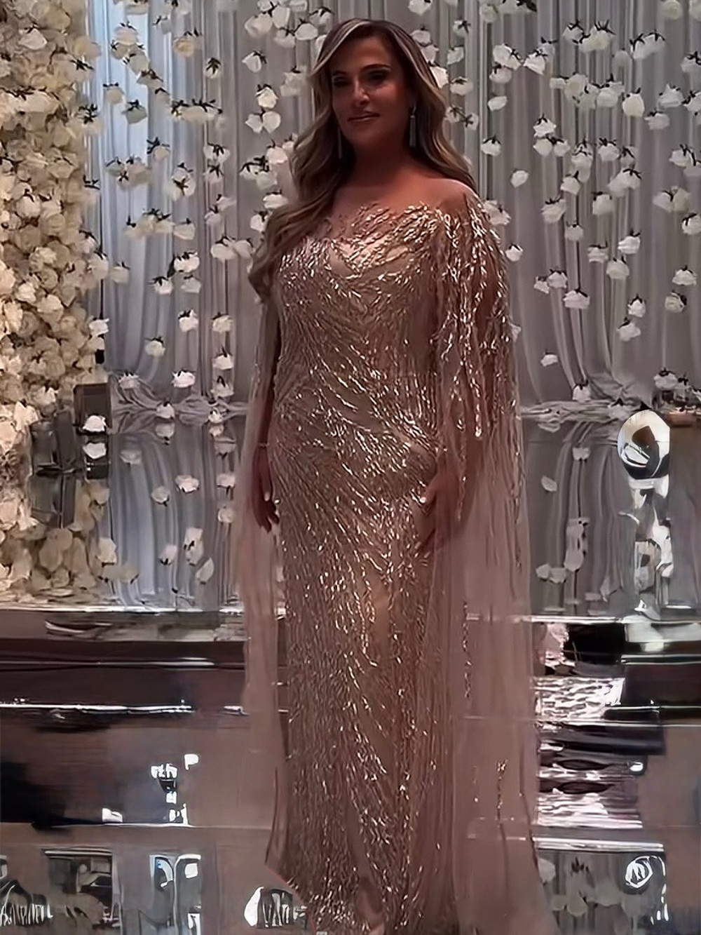 Gold/ Silver Sparkly Evening Gown with Sheer Cape